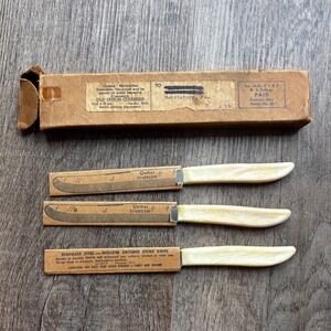 Vintage Quikut Stainless Steel Steak Knives Set of 3 Cream Marbled Tenite Handle